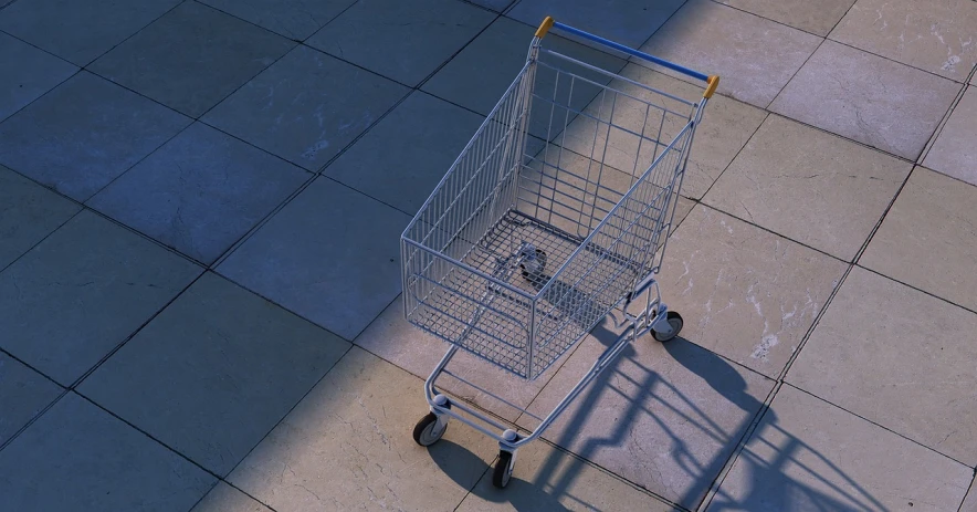 a shopping cart sitting on top of a tiled floor, by Jon Coffelt, flickr, hyperrealism, evening light, videogame still, maze, walking