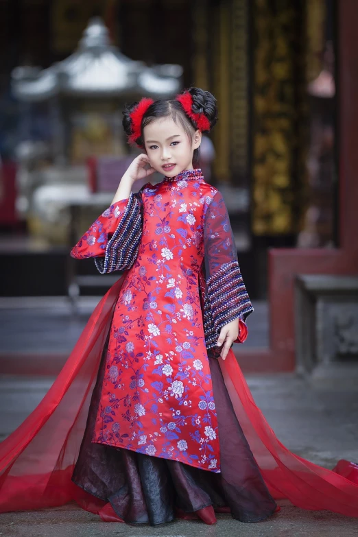 a little girl in a red dress posing for a picture, inspired by Li Mei-shu, shutterstock, red and blue garments, black and red silk clothing, purple and red colors, high quality]