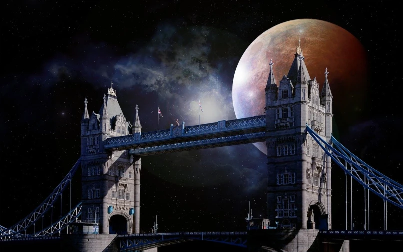 a bridge with a red moon in the background, a matte painting, inspired by Alexander Nasmyth, space art, the fabulous city of london, moonwalker photo, tourist photo