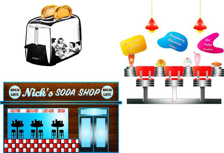 a black and white photo of a soda shop, concept art, by Ingrida Kadaka, trending on pixabay, pop art, psd spritesheet, home page screenshot, colored illustration, super detail of each object