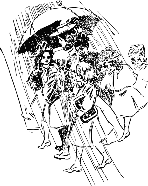 a black and white drawing of a group of people, lineart, by Naka Bokunen, deviantart, conceptual art, dark wallpaper, rainy background, solid black #000000 background, rendered image