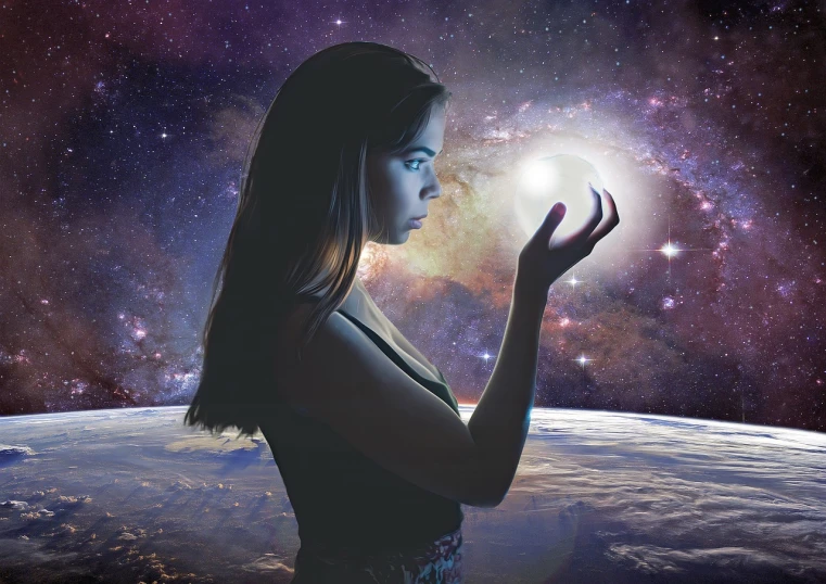 a woman holding a glowing ball in her hand, by John Luke, shutterstock, digital art, beautiful celestial mage, prompt young woman, fortune teller, space photo