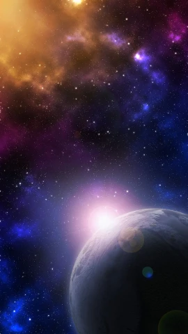 a close up of a planet with a star in the background, space art, radiant nebula colors, iphone 15 background, sun setting, with earth in the background