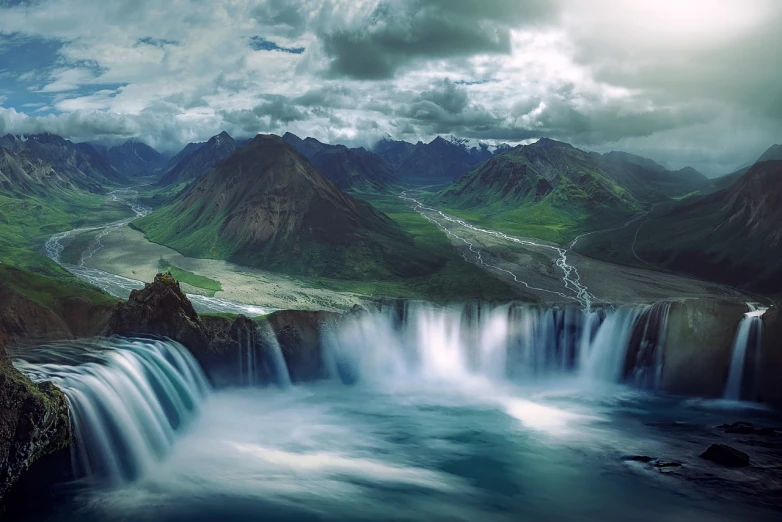 a waterfall in the middle of a lush green valley, a matte painting, iceland photography, [[fantasy]], massive river, absolutely outstanding image
