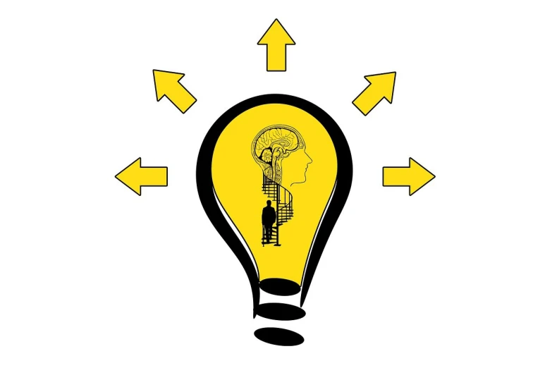 a drawing of a light bulb with arrows around it, a portrait, precisionism, black. yellow, clipart, leg high, who can open the mind