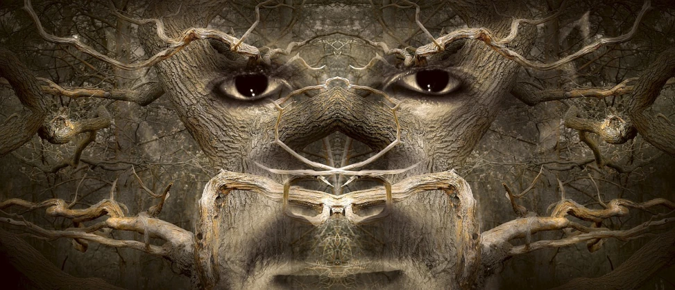 a close up of a face in a tree, a portrait, inspired by Igor Morski, surrealism, symmetrical digital illustration, anthropomorphic sloth, face of an ox, portrait 4 / 3