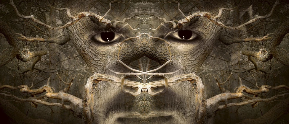 a close up of a face in a tree, a portrait, inspired by Igor Morski, surrealism, symmetrical digital illustration, anthropomorphic sloth, face of an ox, portrait 4 / 3