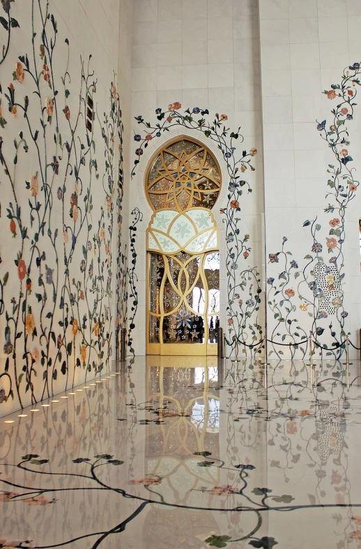 a picture of the inside of a building, a mosaic, by Alice Rahon, flickr, cybermosque interior, gilded. floral, gateway, mural art