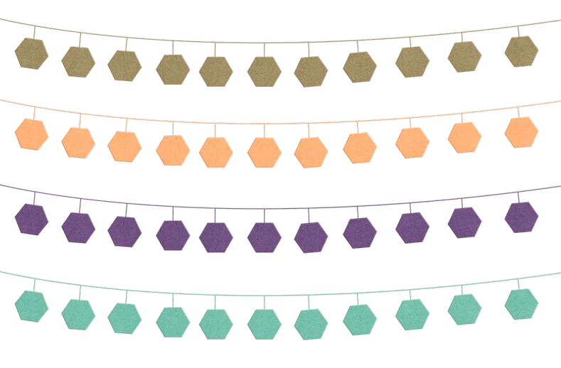 a bunch of hexagons hanging from a string, a digital rendering, inspired by Lubin Baugin, decorative border, night color, spritesheet, cloth accessories