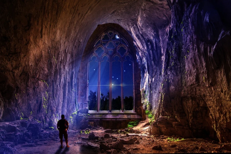 a man standing in front of a window in a cave, pixabay contest winner, fantasy art, inside the ruined gothic church, moonlit starry sky environment, high quality fantasy stock photo, beautiful render of a fairytale