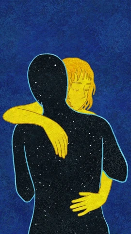 a painting of two people hugging each other, a pointillism painting, inspired by Leo and Diane Dillon, figurative art, star(sky) starry_sky, yellow and blue, crystallized human silhouette, sergey krasovskiy