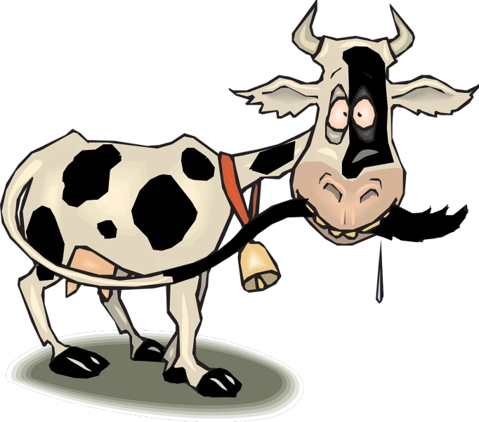 a cartoon cow with a bell in its mouth, a digital rendering, by Jim Davis, pixabay, mingei, on a black background, milkman, ( ( illustration, goofy cartoon