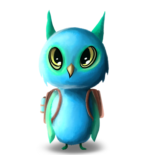 a blue and green owl with a backpack, a digital painting, inspired by WLOP, polycount, fox from league of legends chibi, “portrait of a cartoon animal, made in paint tool sai2, bryce 3 d style