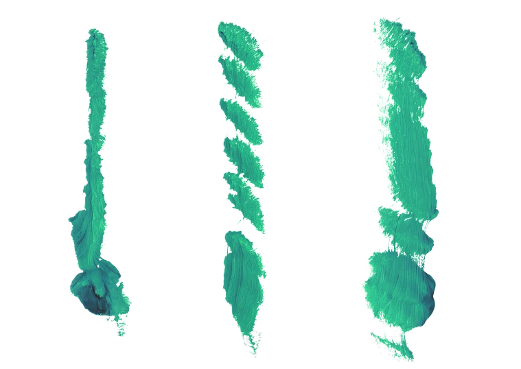 three pieces of green paint on a black background, a digital rendering, inspired by Lucio Fontana, polycount, generative art, made from million point clouds, lightblue acrylic paintdrip tar, long brush strokes, fur simulation