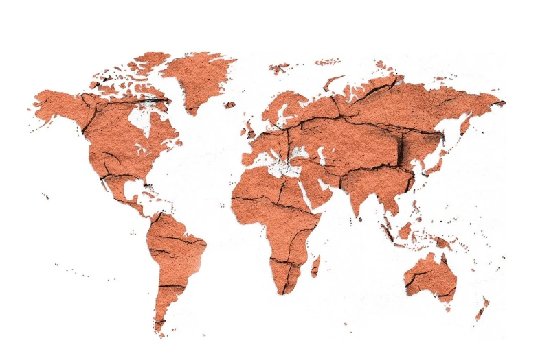 a map of the world on a white background, a photo, by Jakob Gauermann, regionalism, red dusty soil, highly rendered, fissures, high-res