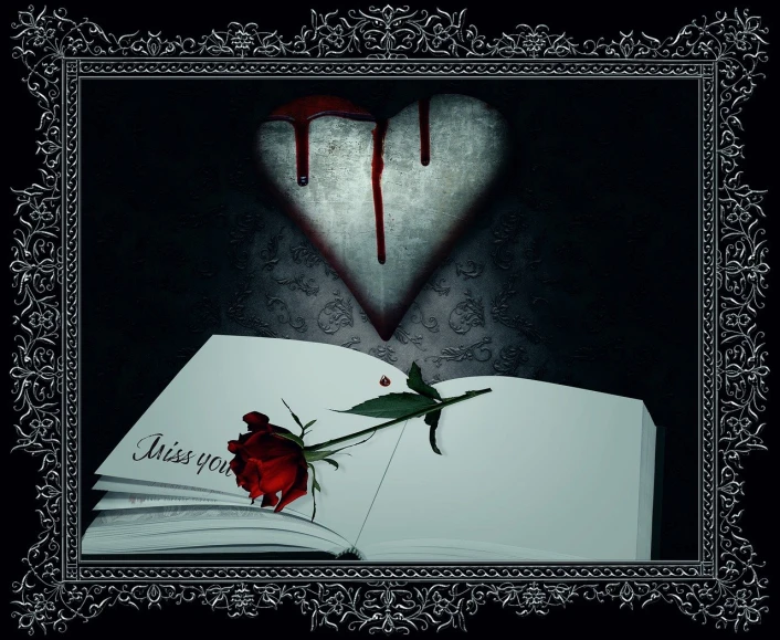 a red rose sitting on top of an open book, a storybook illustration, inspired by Valentine Hugo, deviantart contest winner, romanticism, cover with blood, dark wallpaper, above view, heart