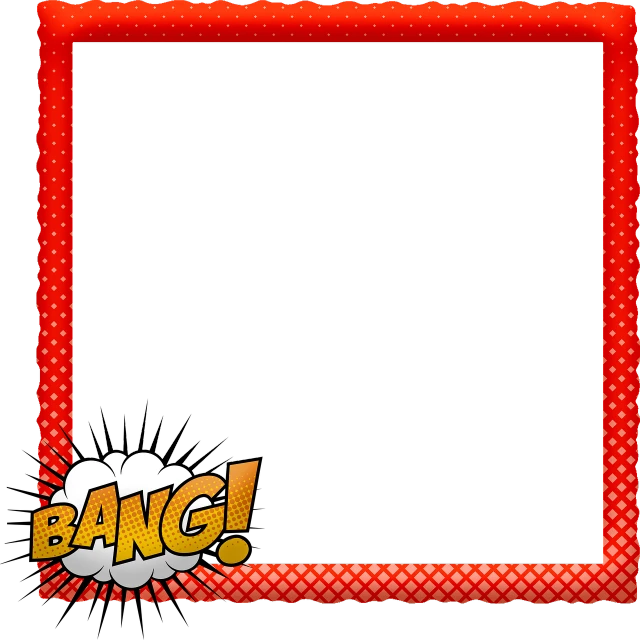 a red frame with the word bang on it, a comic book panel, pop art, black backround. inkscape, 3 2 x 3 2, !8k!, scrapbook