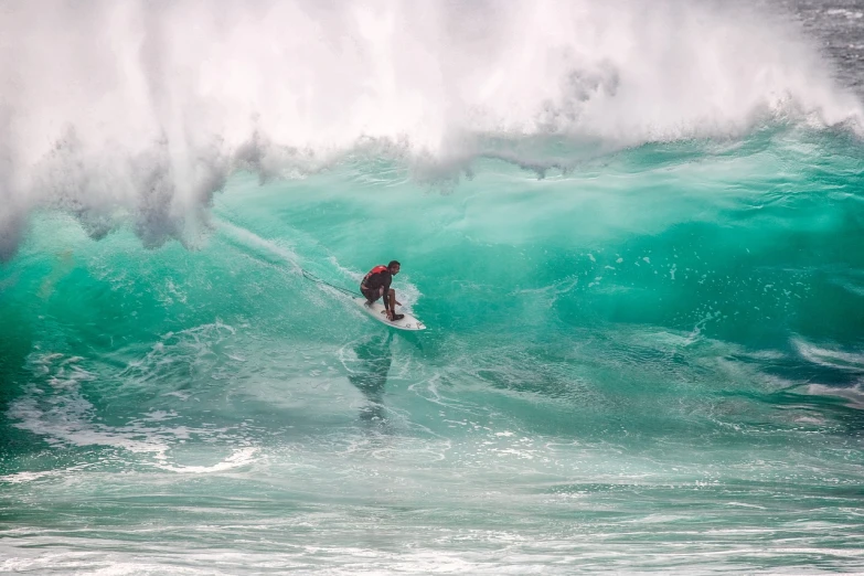 a man riding a wave on top of a surfboard, a picture, by Matt Stewart, shutterstock, violent stormy waters, usa-sep 20, hawaii, wall of water either side