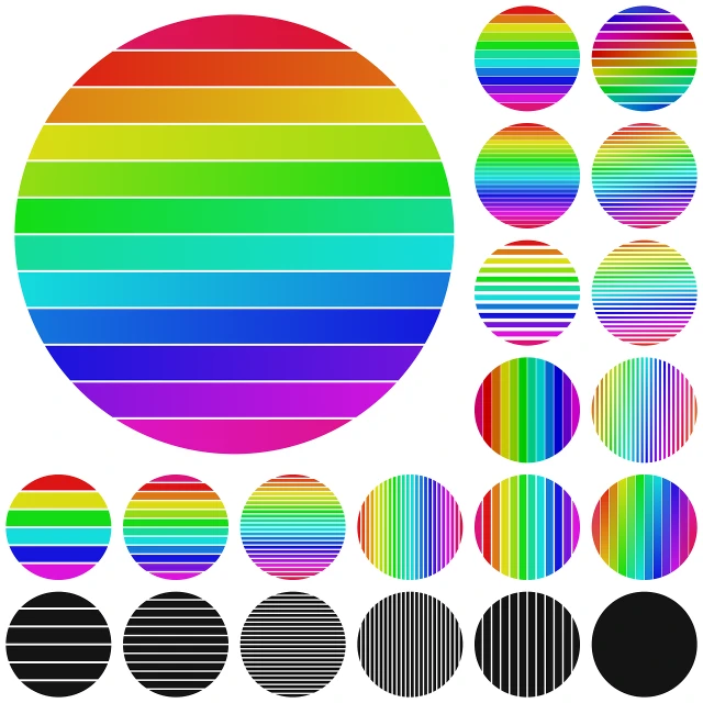 a bunch of different colored circles on a white background, inspired by Yaacov Agam, color field, zx spectrum color palette, black stripes, various angles, colorful palette illustration