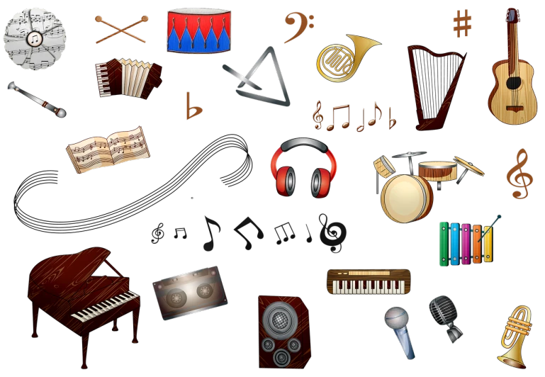 a bunch of musical instruments on a black background, by David Burton-Richardson, computer art, emoji, demo scene, various items, icon pack