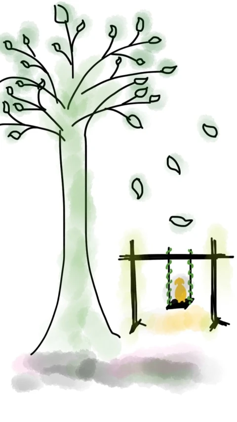 a drawing of a tree and a swing, a drawing, inspired by Saneatsu Mushanokōji, cute illustration, leaves trap, animation still, patio