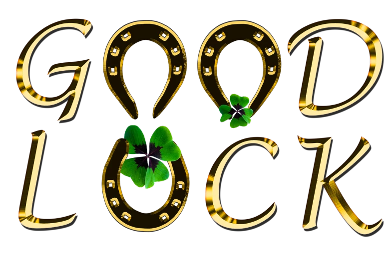 a close up of the words good luck on a black background, a digital rendering, rococo, pots of gold, golden earring, gfd logo, greece