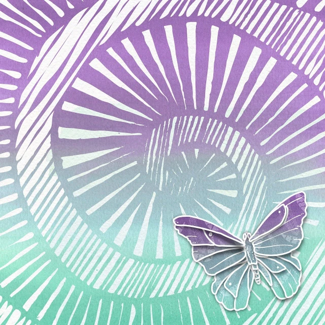 a butterfly sitting on top of a piece of paper, a digital rendering, inspired by František Kupka, art deco, glowing spiral background, pastel palette silhouette, cut paper texture, some green and purple