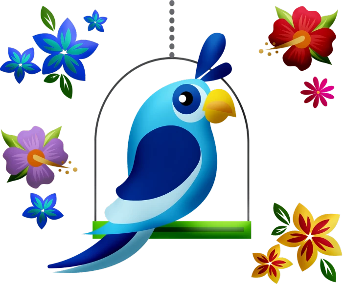 a blue bird sitting in a birdcage surrounded by flowers, a screenshot, inspired by Paul Bird, pixabay contest winner, dada, on black background, 😃😀😄☺🙃😉😗, tropical birds, icon