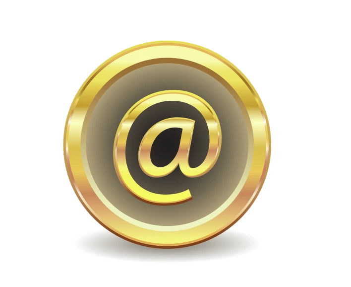 a golden at sign on a black background, a digital rendering, computer art, email, あかさたなは on twitter, medallion, postage