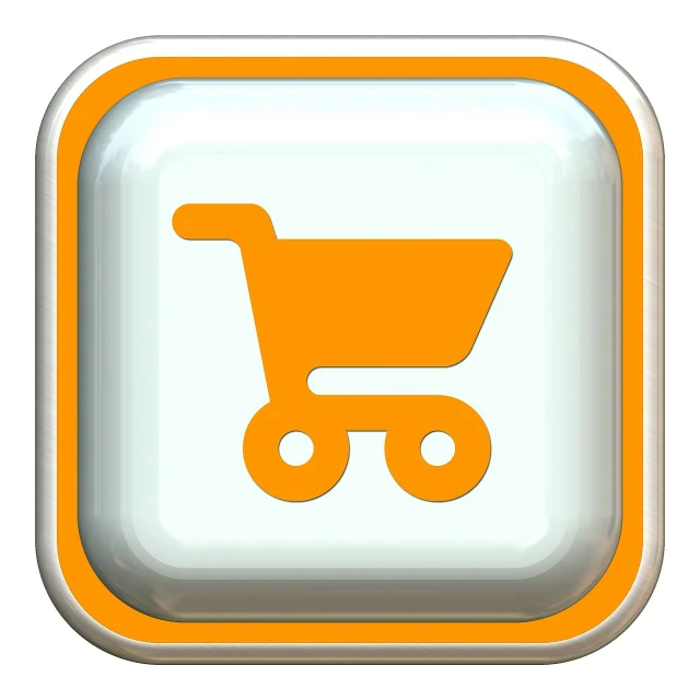 an orange shopping cart icon on a white button, a digital rendering, by Harold Elliott, flickr, folk art, fluffy ebay product, cg original, ello, jcb