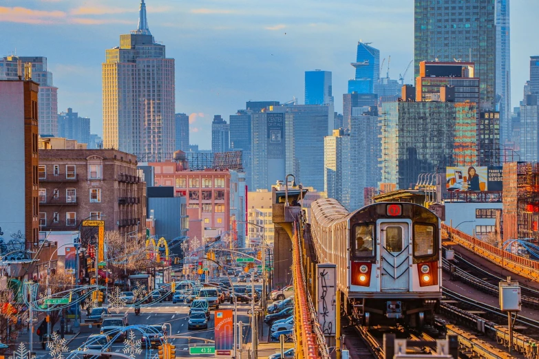 a train traveling through a city next to tall buildings, a picture, shutterstock, watching new york, subways, beautifull, busy city