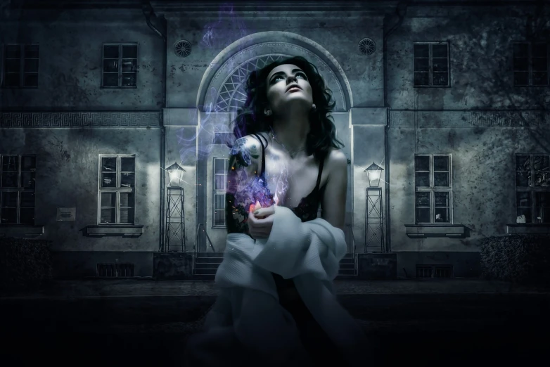 a woman sitting on a bench in front of a building, digital art, inspired by Bastien L. Deharme, gothic art, casting a protection spell, advertising photo, elegant lady with alabaster skin, princess of amethyst