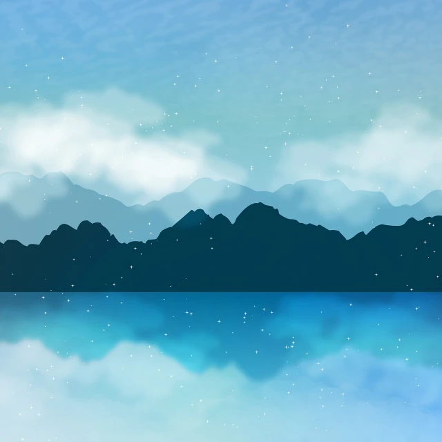 a large body of water with mountains in the background, digital art, misty background, blue reflections, stars reflecting on the water, on the calm lake surface