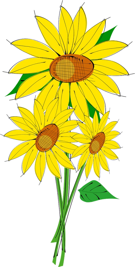 a bunch of yellow sunflowers with green leaves, inspired by Maksimilijan Vanka, pixabay, computer art, black backround. inkscape, coloring pages, three fourths view, tall flowers