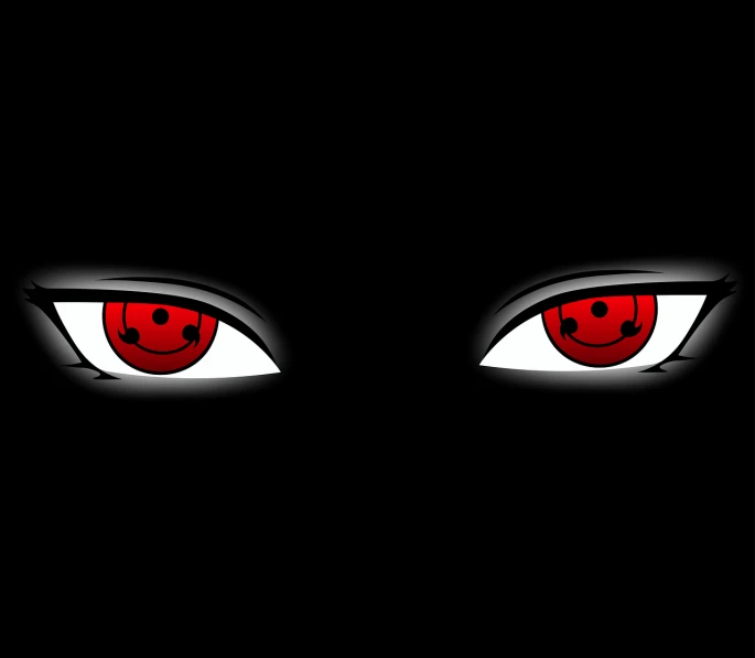 a close up of a cat's eyes in the dark, vector art, inspired by Tōshūsai Sharaku, conceptual art, itachi uchiha, eyes). full body, red contacts, naruto