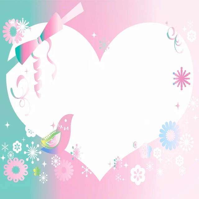 a heart shaped frame with a bird and flowers, inspired by Masamitsu Ōta, romanticism, sparkling magical girl, background(solid), only snow i the background, pink and blue and green mist