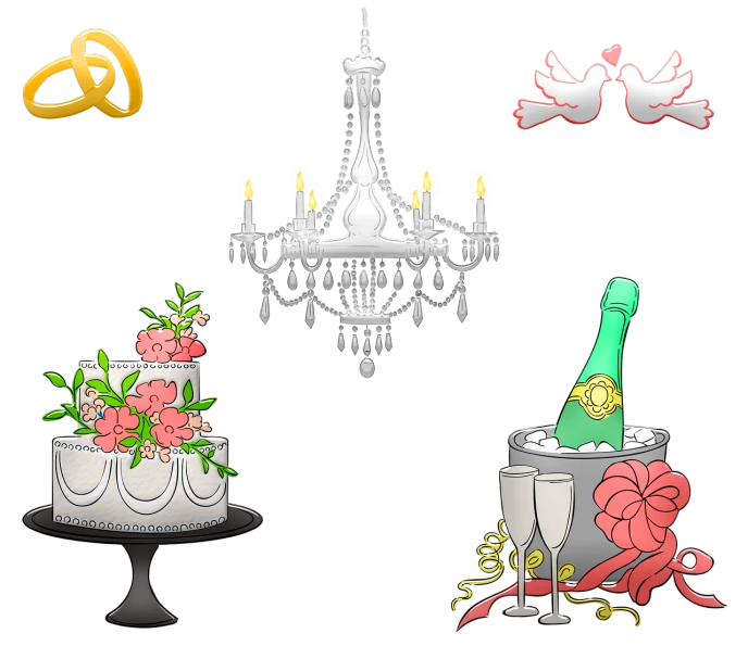 a couple of cakes sitting on top of a table, a digital rendering, trending on pixabay, baroque, chandeliers, various items, celebrating an illegal marriage, on black background