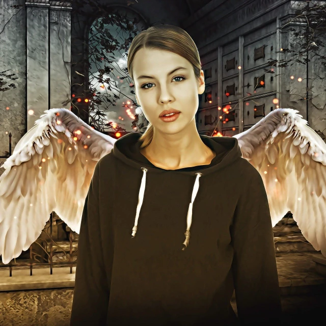 a woman in a black hoodie with angel wings, digital art, by Marie Angel, pixabay contest winner, in postapocalypse city, pretty margot robbie vampire, totalitarian socialist angel, high quality fantasy stock photo