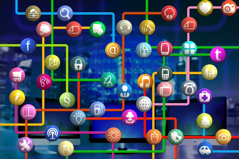 a bunch of different colored circles that are connected to each other, a digital rendering, trending on pixabay, icons, cyber installation, with lots of text and icons, app icon