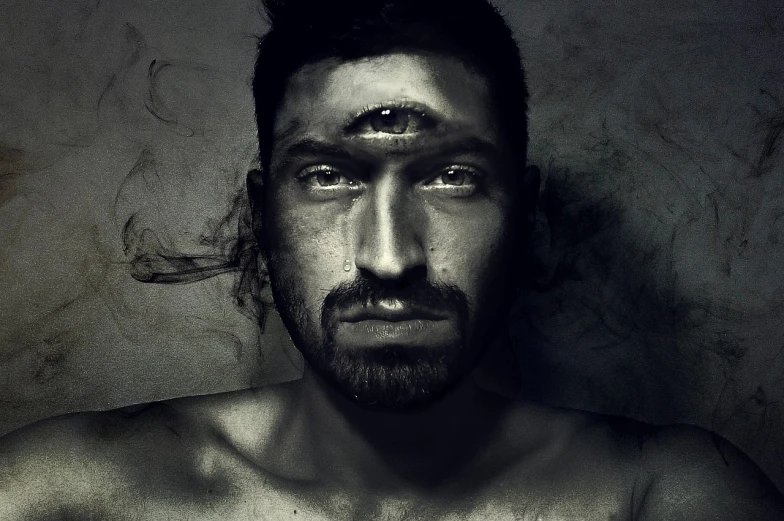 a black and white photo of a shirtless man, by Lucia Peka, surrealism, channeling third eye energy, face with beard, creative photo manipulation, bruised face