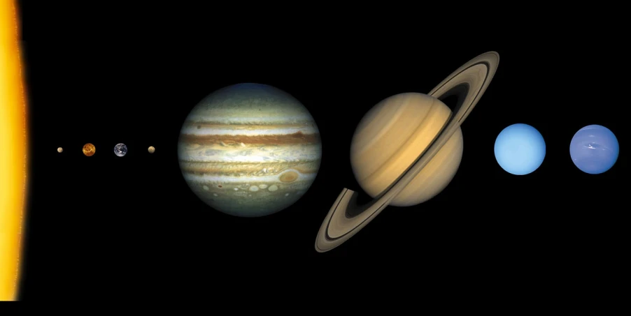 a group of planets on a black background, an illustration of, by Joseph Raphael, shutterstock, top and side view, balanced, on planet jupiter, -h 1024
