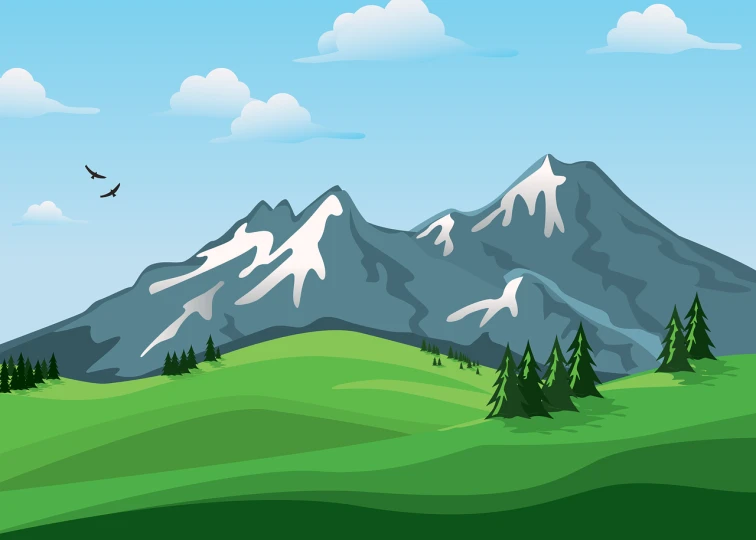 a green field with trees and mountains in the background, vector art, by Ludovit Fulla, shutterstock, snowy peak, 4k illustration, cartoon style illustration, right side composition