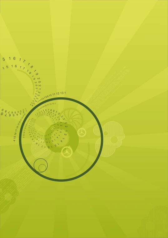 a close up of a clock on a green background, by Tanaka Isson, deviantart, minimalism, round elements, suns, soft yellow background, math equations in the background