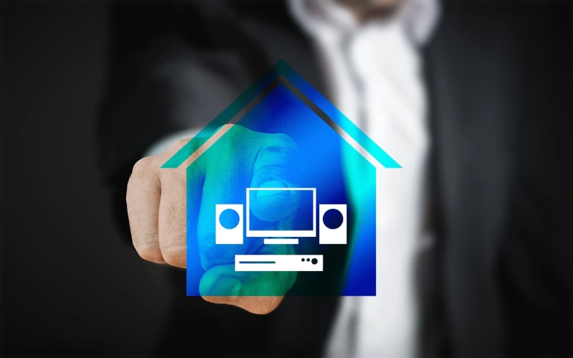 a man in a suit holding a house shaped like a computer, a computer rendering, pixabay, computer art, speakers, home display, with pointing finger, luxury equipment