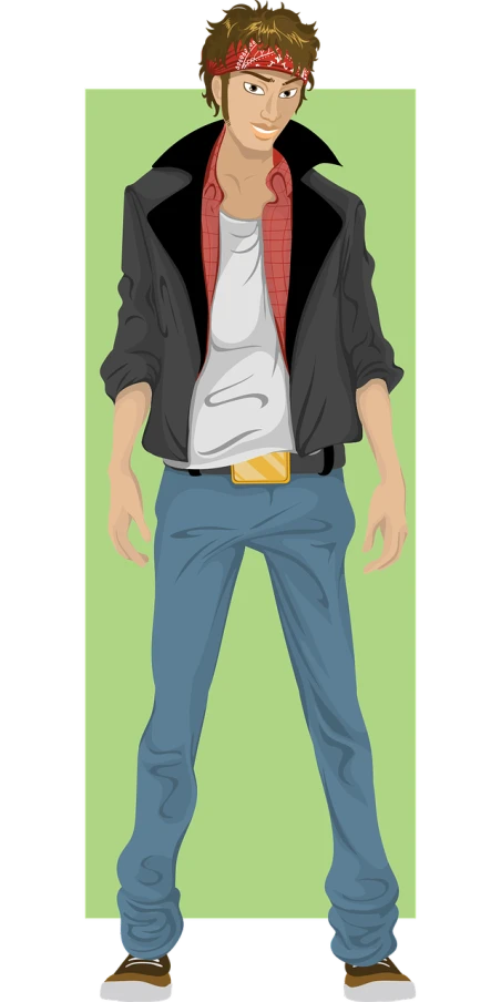 a man with a bandana standing in front of a green background, vector art, deviantart contest winner, digital art, female marty mcfly, fullbody view, wearing jeans, hyper detail illustration