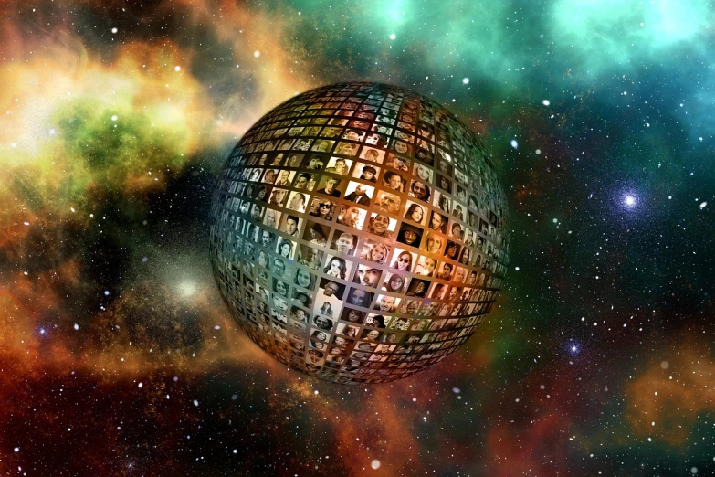 a disco ball in the middle of a space filled with stars, digital art, flickr, populated with aliens and people, borg cube, zodiac sign, earthy