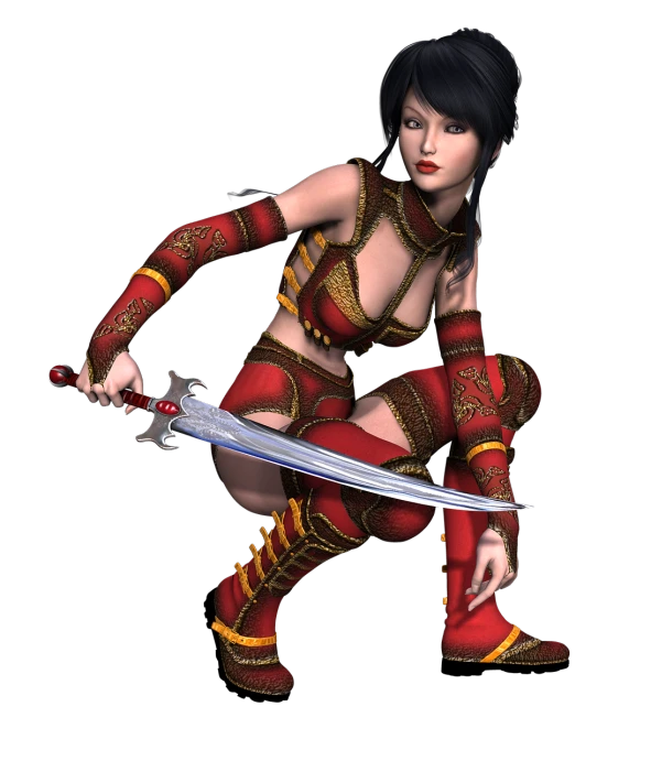 a woman in a red outfit holding a sword, a digital rendering, inspired by Li Mei-shu, zbrush central contest winner, aztec princess fights barbarians, fantasy character photo, seductive. highly detailed, heroic muay thai stance pose