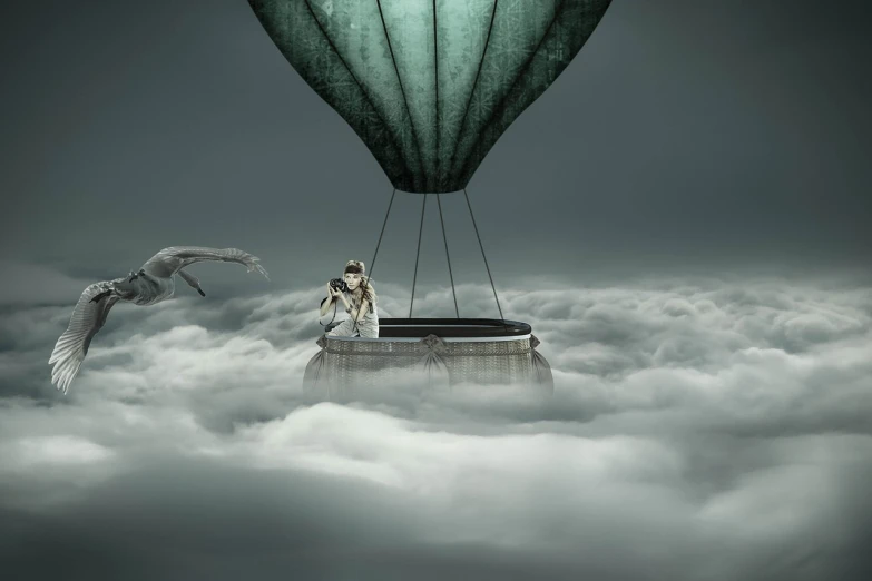 a skeleton is floating in a hot air balloon, cgsociety contest winner, surrealism, girl clouds, sitting on top of a cryopod, photo render, misty clouds