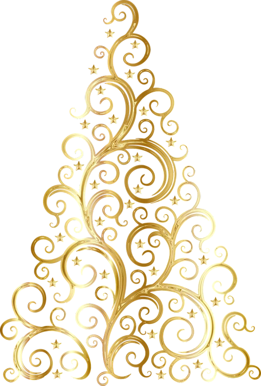 a gold christmas tree on a black background, by Carol Sutton, baroque, wooden art nouveau swirls, 10k, hight decorated, a tall