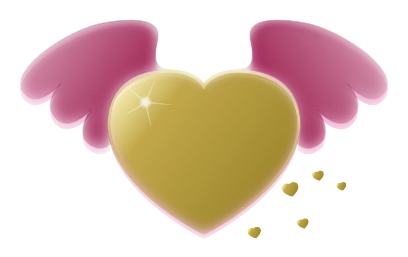 a gold heart with pink wings on a black background, けもの, with wings, high res, amber